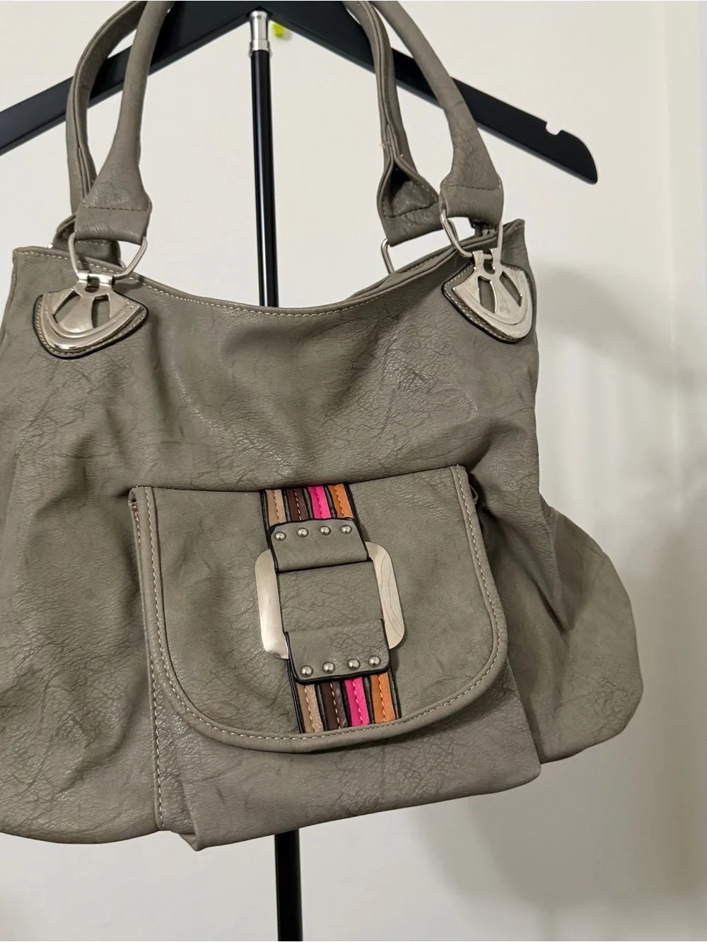 Women’s Gray Shoulder Bag with Multicolor Accent